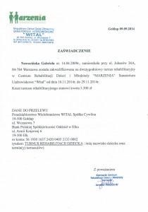 Zaswiadczenie na turnus Marzenia listopad2014-M